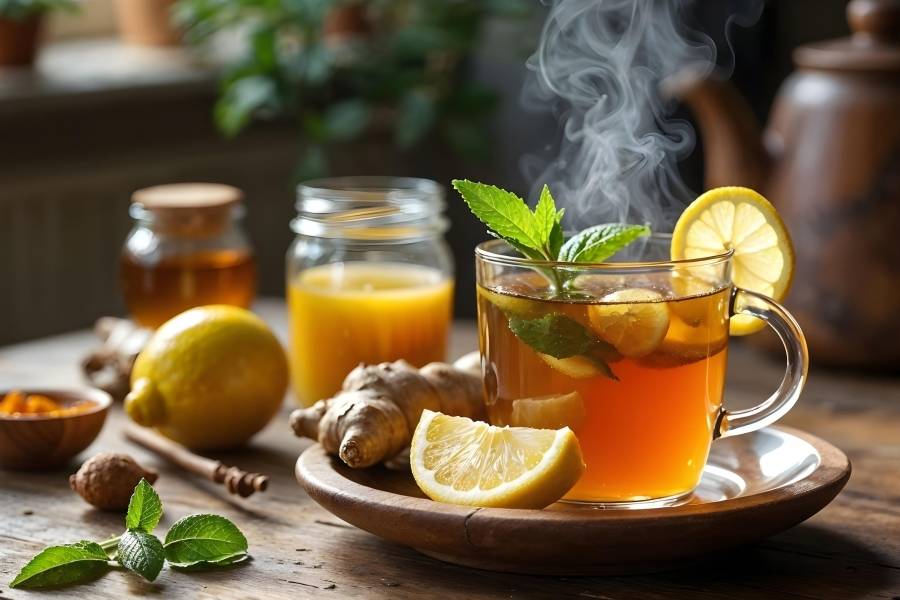 Tasse de thé détox avec des tranches de citron, du gingembre frais, des feuilles de menthe et un pot de miel, posée sur une table en bois dans une ambiance chaleureuse et naturelle.